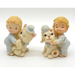 Vintage Pair figurines Little Boy w Cat & Dog in Hats Blue Cream 3”
